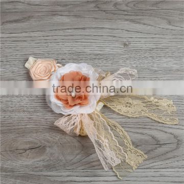 baby girls lace satin flower headband yellow and white children chiffon flower hair band baby hair accessories
