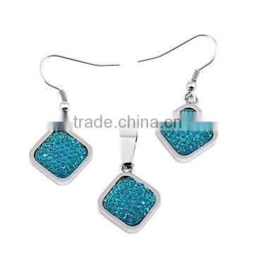 SRS0080 Trend 2016 Lake Green Crystal Setting Stainless Steel Square Jewelry Set