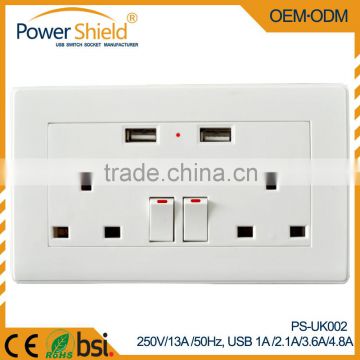 2015 New Type G Euro/British Double AC electrical outlets + dual USB ports Wall socket with Switch control 4800mA CE RoHS BSi