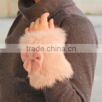 Korea Style Rabbit Fur Hand Wrist Warmers Bow Real Rabbit Fur Cuff