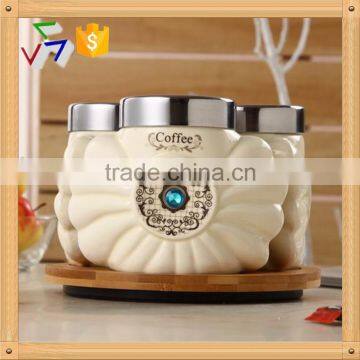 ceramic canister set with turntable bamboo stand