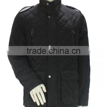 stand colar button and zipper multi pocket black jacket with applique on sleeve