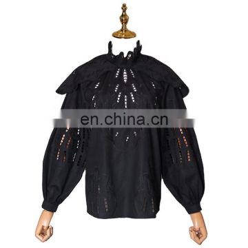 Patchwork Hollow Out Stand Collar Lantern Sleeve Women's Shirts