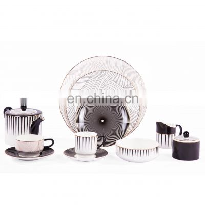 Luxury White and Black  Line Ceramic Coffee Mug Tea Cup Porcelain Dinner Set For Restaurant Table Ware