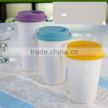 fashion ceramic double wall travel mug with silicone lid