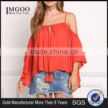 MGOO 2017 New Style Beach Casual Linen Red Blouses Viscose Tie Up Tunic Loose Style Fashion Off Shoulders