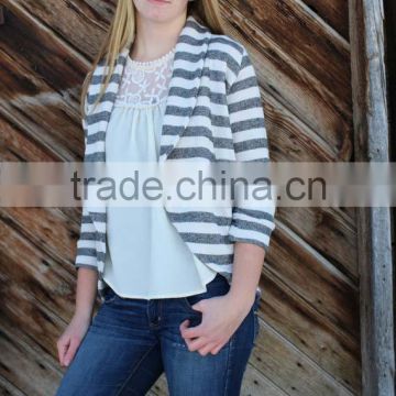 Fitted Cardigan 34 sleeve in Gray and Natural White Striped French Terry Knit Woman Cardigan 2014