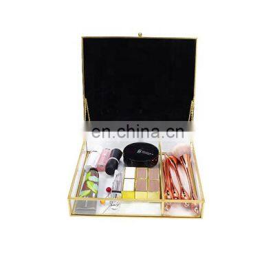 display cosmetic sets counter organizer glass case brass frame jewelry box with mirror