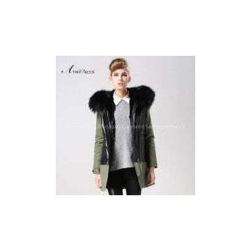 2017 London Style leather waistcoat , army green long style black faux fur jacket , army green with black for parka,