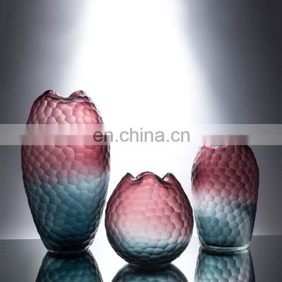 Decorative Modern Transparent Handmade Blue And Pink Color Pattern Glass Vase For Home Decoration