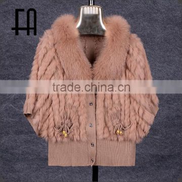 Factory direct wholesale price rabbit knitted fur coat with fox fur collar mulitcolor