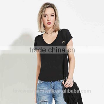 hot design sexy black color blank V neck short sleeves pocket t shirt women
