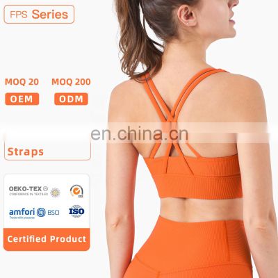 Wholesale New Ribbed Crop Top Shockproof Cross Back High Impact Sports Bra