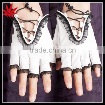 Fashion lace and sheepskin half finger leather gloves for lady