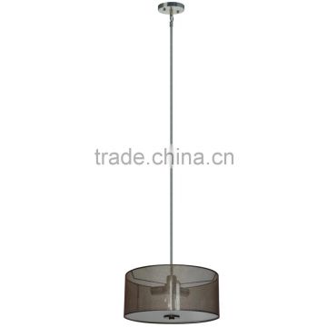 3 light chandelier(Lustre/La arana) in satin steel finish with a round 16" cinerous steel fabric shade