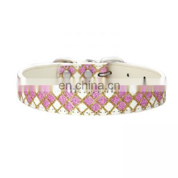 High quality shiny wholesale bling PU material plaid dog collar leather pet