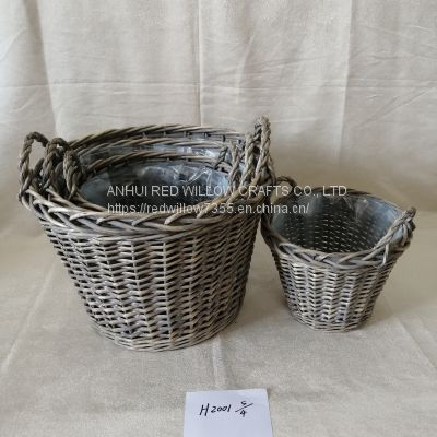 Grey Painted Willow Basket Planter /Willow Flower Basket With Ears And Plastic Liners