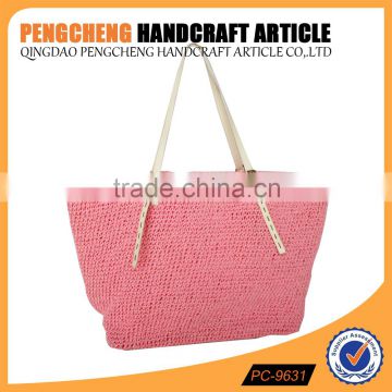 Pink color paper straw tote bag with women shopping shoulder crochet bag
