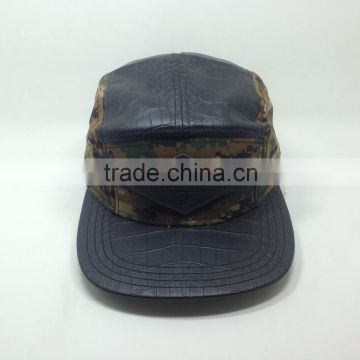 High quality flat brim black leather 5 panel hat with label