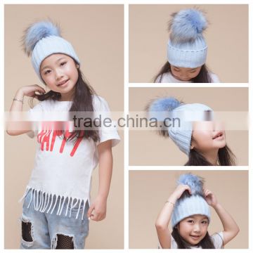 Newest Fashionabl Kids Fashion Winter Knitted Raccoon Fur Pom Ball Korean Baby Hat