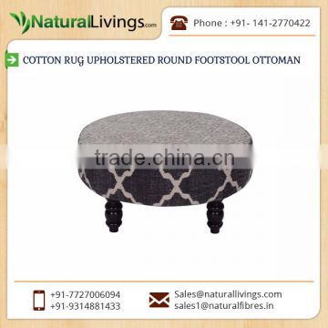 Traditional Look Cotton Rug Upholstered Round Footstool Ottoman at Affordable Price