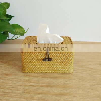 Hand Woven Rectangle Seaweed Basket Tissue Dispenser Storage Seagrass Napkin Box For Office hotels