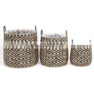 New Design ZigZag Water Hyacinth Plant Holder Set Of 3 Storage Laundry Basket Planter Pot With Easily Carring Handle