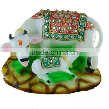 Vastu Hindu Religious Decorative Marble dust Polyresin Kamdhenu Cow and Calf Statue Idol
