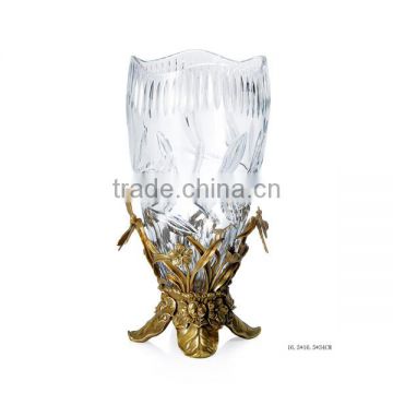 Hand Engraved Footed Bronze Mounted Decorative Vase, Ornate Crackle Crystal Flower Vase With Wave Edge