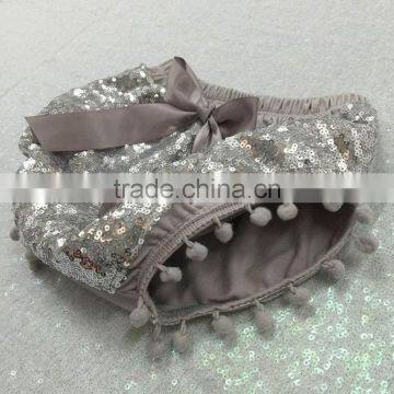 Girls Cute Sparkly Sequin Pom Bloomer ShortsLovely in Birthday Outfit Grey and Silver sequin Bloomers-cake smash