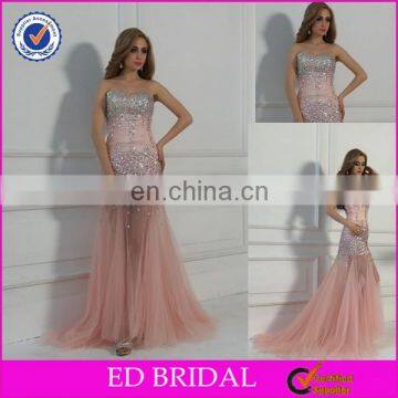 Real Sample Sweetheart Neckline Tulle Pink Sexy Beading Mermaid Prom Dress