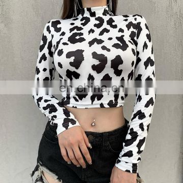 2020 New Women's Autumn Milk Cow Print Slim Sexy Short T-Shirt Bottom Turtleneck Crop Top