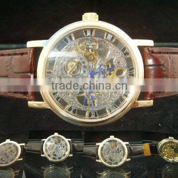 New Men's Black Leather Luxury Skeleton Dial Hand-Wind Up Mechanical Wrist watch