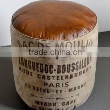 Indian Industrial Canvas Leather Round Puff Stool