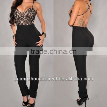 2014 open lace V neck detail back black cutout sexy bodycon women strapy jumpsuit in satin with loose pant new OEM cheap