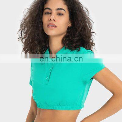 2023 New Cool Fabric Short Sleeve Built In Bra Crop Top Bottom Elastic Women Yoga Sports Workout Gym Fitness Tennis Polo Shirt