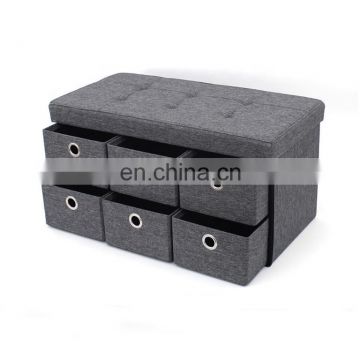 Customized Modern Home Furniture faux linen  foldable storage ottoman bench with six drawers