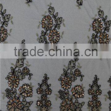 Guangzhou african embroidery on net beaded sequined lace fabric