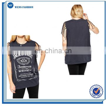 Wholesale Fashion Printed Fringed Sleeveless Casual T-shirt Design for Women