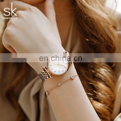 SHENGKE New Wristwatch Ladies Shinny Pearl-shells Dial Lucky  Diamond Index Quartz Watches For Women K0136L relogio feminino