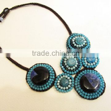 Blue agate stone Wax thread necklace