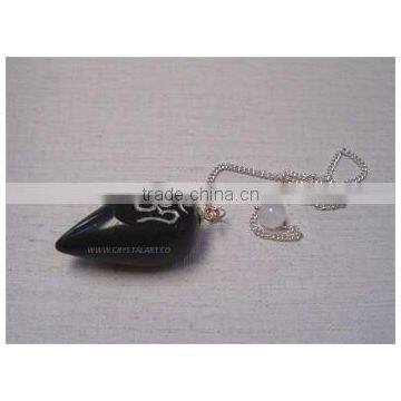 Black Agate Tear Drope OM Engraved Pendulum