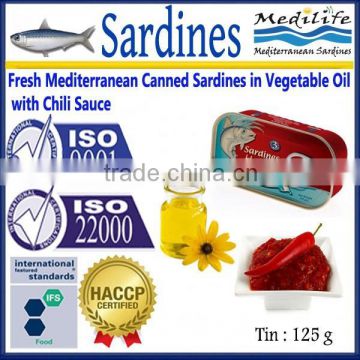 Fresh Mediteranean Canned Sardines inVegetable Oil with Chili Sauce, High Quality Sardines,Sardines in cans with Chili Sauce125g