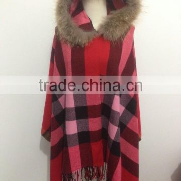 Hot Trendy Women's Pink Uniform Grid Warm Long Cashmere Scarf Shawls With Raccoon Fur Trim