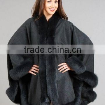 Large Cashmere Cape with Fox Fur Trim - Black