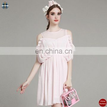 T-D066 Pink Stylish Thin Chiffon Short Party Ladies Dress
