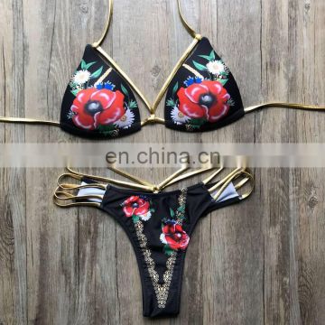 New String Bikini Set Black Swimsuit Retro Vintage Bathing Suit Floral Swimwear Push Up Swim Suit Brazilian Bathers Beachwear