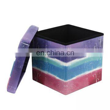 RTS colorful Stripe cartoon printing PVC leather folding stool pouf storage ottoman for bedroom home furniture decoration