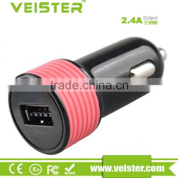 veister colorful portable 2.4a usb car charger with ce rohs certifications