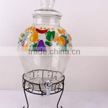 10L hand painted glass beverage dispenser with metal stand